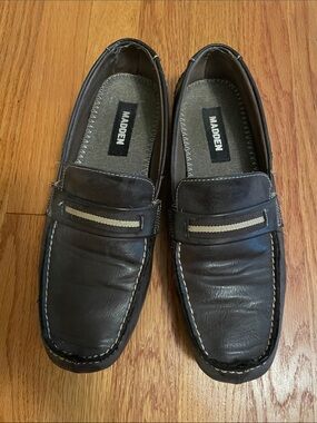 Steve Madden Brown Leather Slip-On Loafers with Contrast Strap